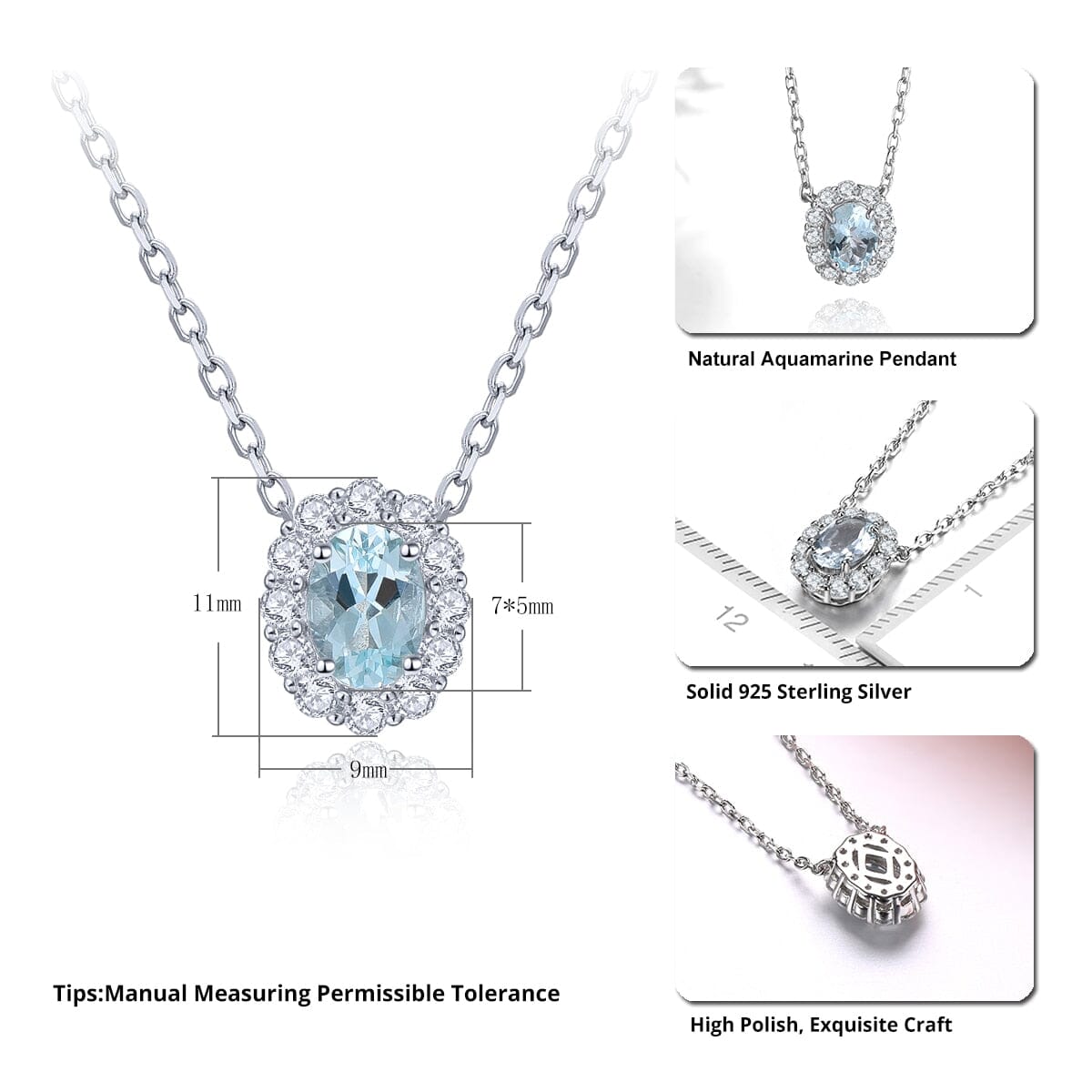 Classic Oval Aquamarine Pendant Necklace - 925 Sterling SilverNecklace