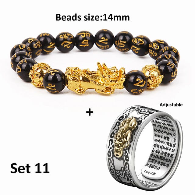 Wealth and Lucky Adjustable Ring and Beaded BraceletJewelry SetSet 11