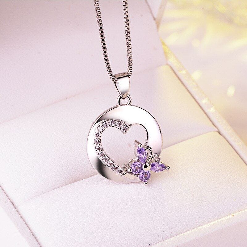 Romantic Amethyst with Bow Heart Pendant Necklace - 925 Sterling SilverNecklace