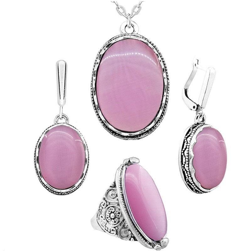 Fashionable Oval Opal Jewelry Set - Necklace, Earrings & RingJewelry Set