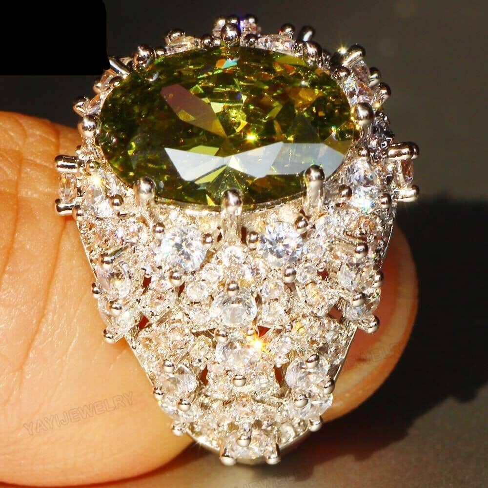 Princess Cut Huge Green Peridot Ring - 925 Sterling SilverRing