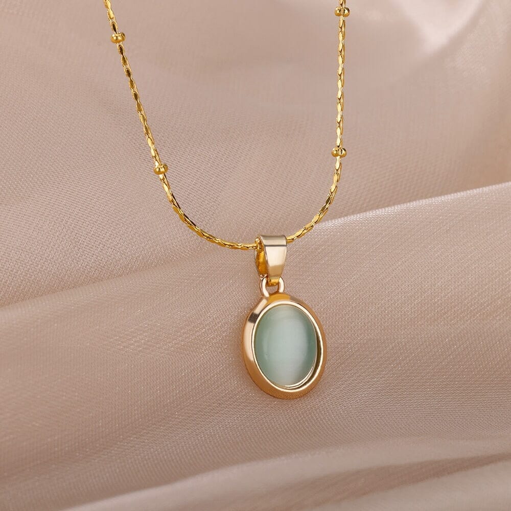 Pretty Elegant Stainless Steel Round Opal Necklace