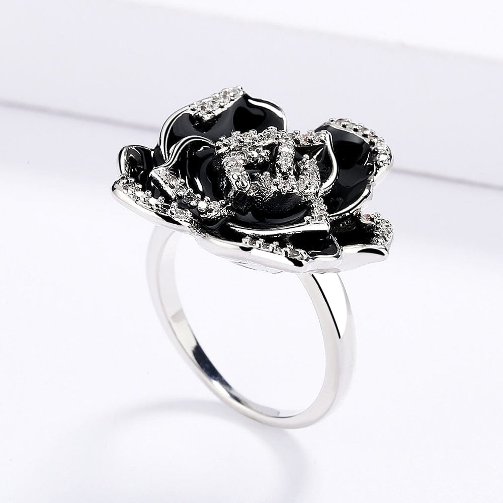 Elegant Unique Black Enamel Flower Ring - 925 Sterling SilverRing