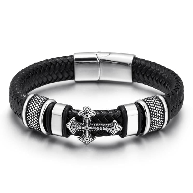 WWJD Fashion Classic Black Woven Leather Inlaid Cross Magnetic BraceletBracelet