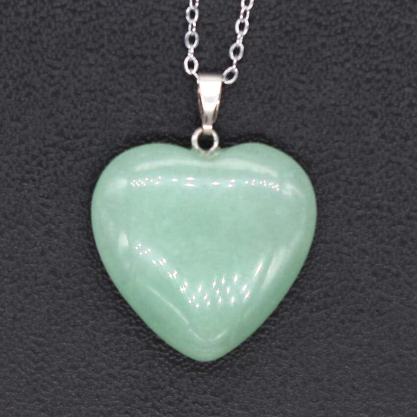 Silver Plated Love Heart Shape Green Aventurine Stone Pendant NecklaceNecklace