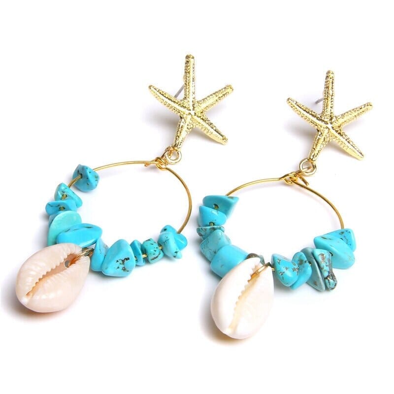 Boho Puka Shell Stone Chips Starfish Charm EarringsEarrings2 Blue Howlite