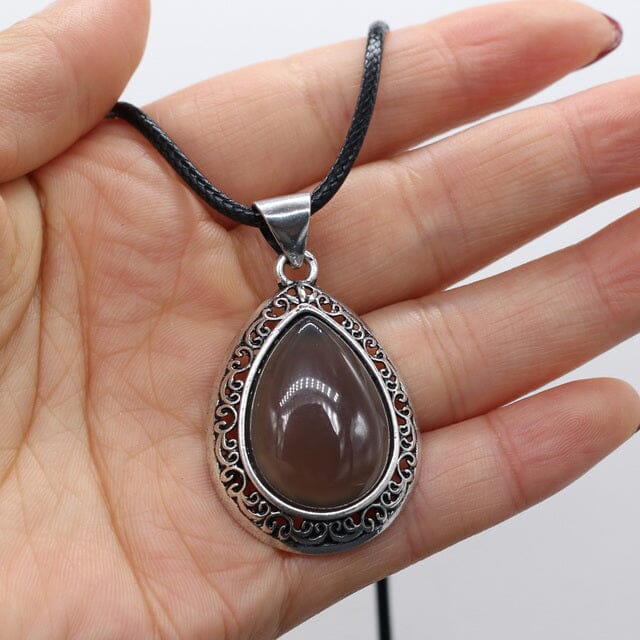 Natural Stone Water Drop Shape Pendant NecklaceHealing CrystalGrey Agate