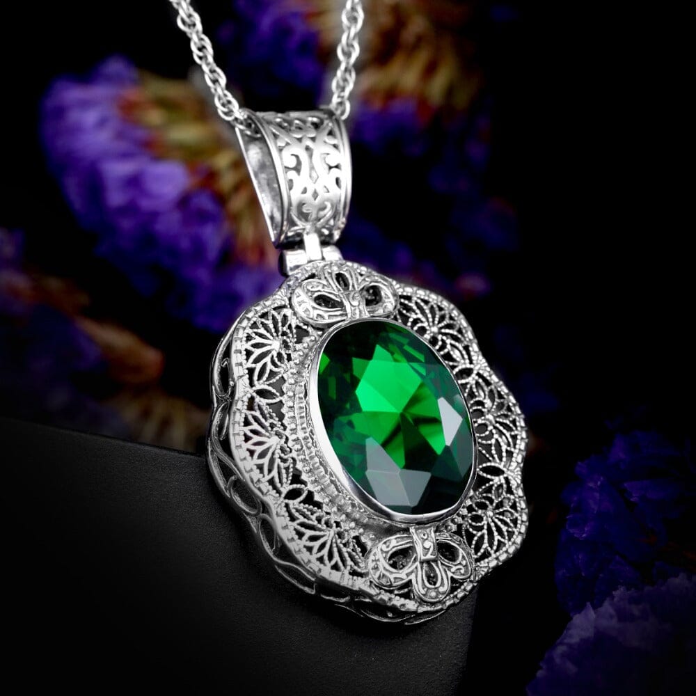 Flower Shape Emerald Pendant - 925 Sterling SilverPendant