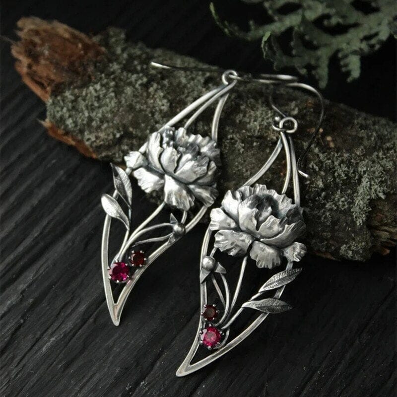 Hand Carved Rose Flower Inlaid Red Stone EarringsEarrings