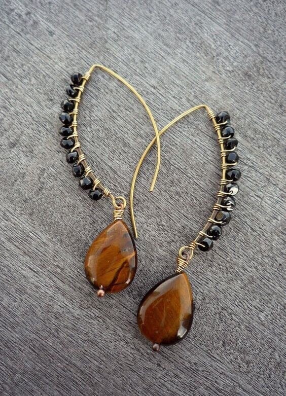 Wire Wrapped with Tiger Eye and Spinel Beads EarringsEarringsgold---A1