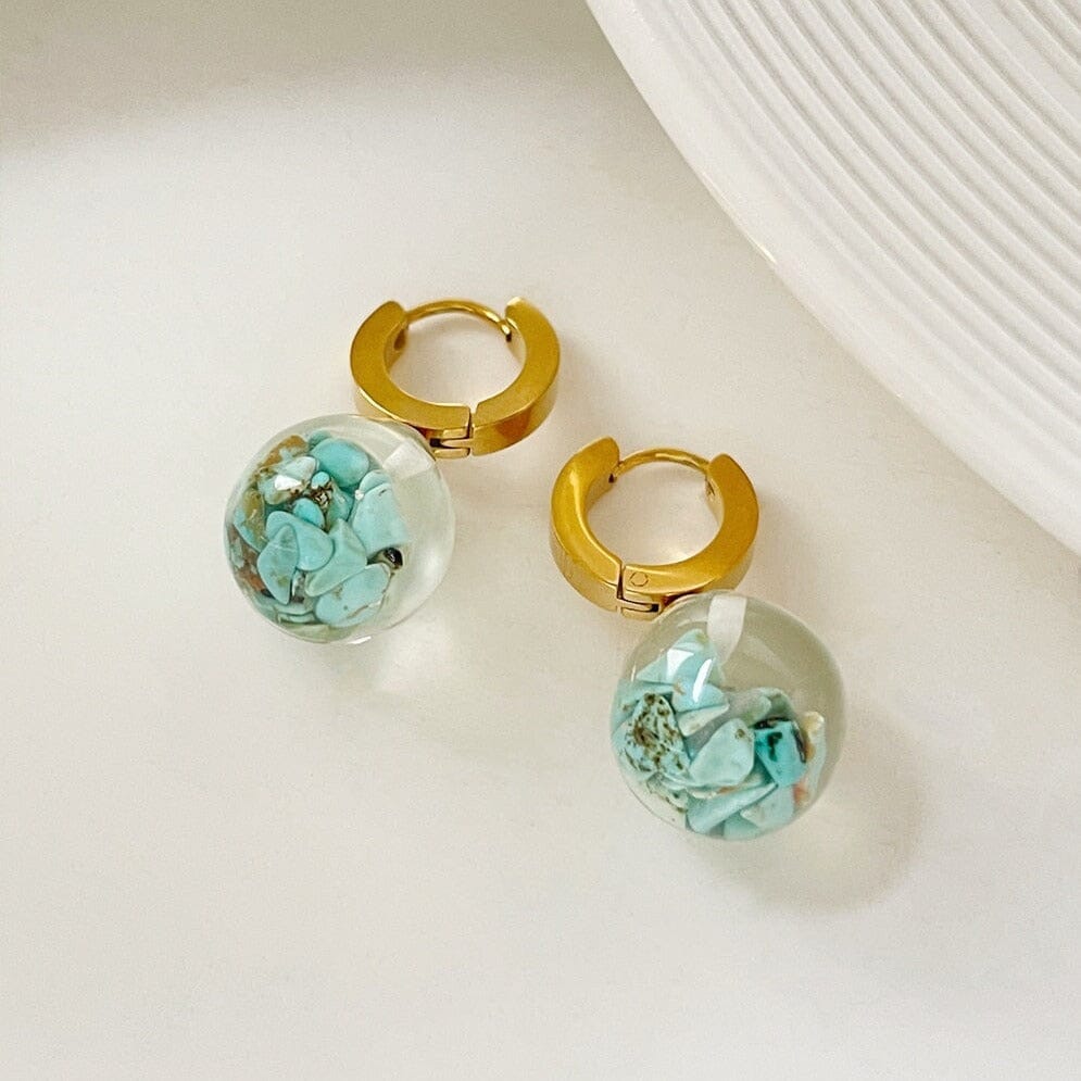 Unique Gold Plated Stainless Steel Transparent Ball Turquoise Hoop EarringsEarrings