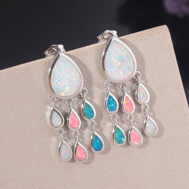 Blue Pink White Fire Opal Silver Wedding Stud EarringsEarrings