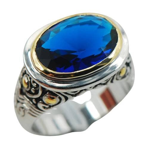 Classic Roman Blue Sapphire Crystal Zircon Ring - 925 Sterling SilverRing