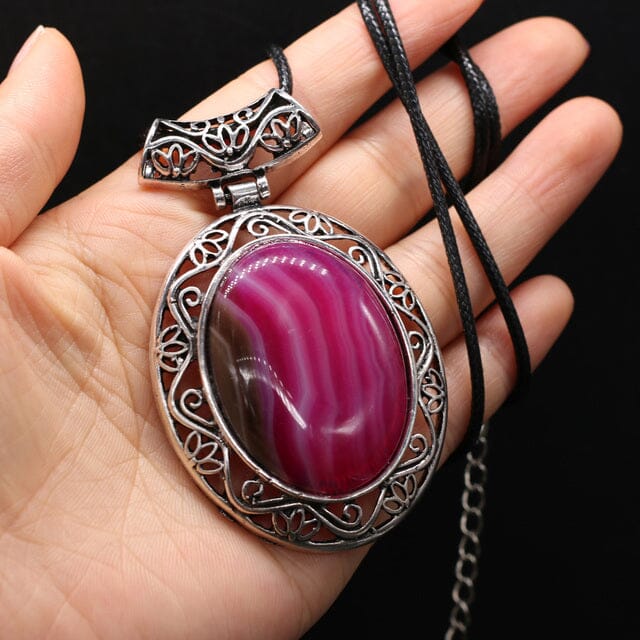 Natural Stone Oval Shape Pendant NecklaceHealing CrystalsRose Red Agate