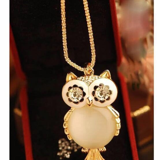 Big Opal Owl Pendant Long Chain NecklaceNecklace