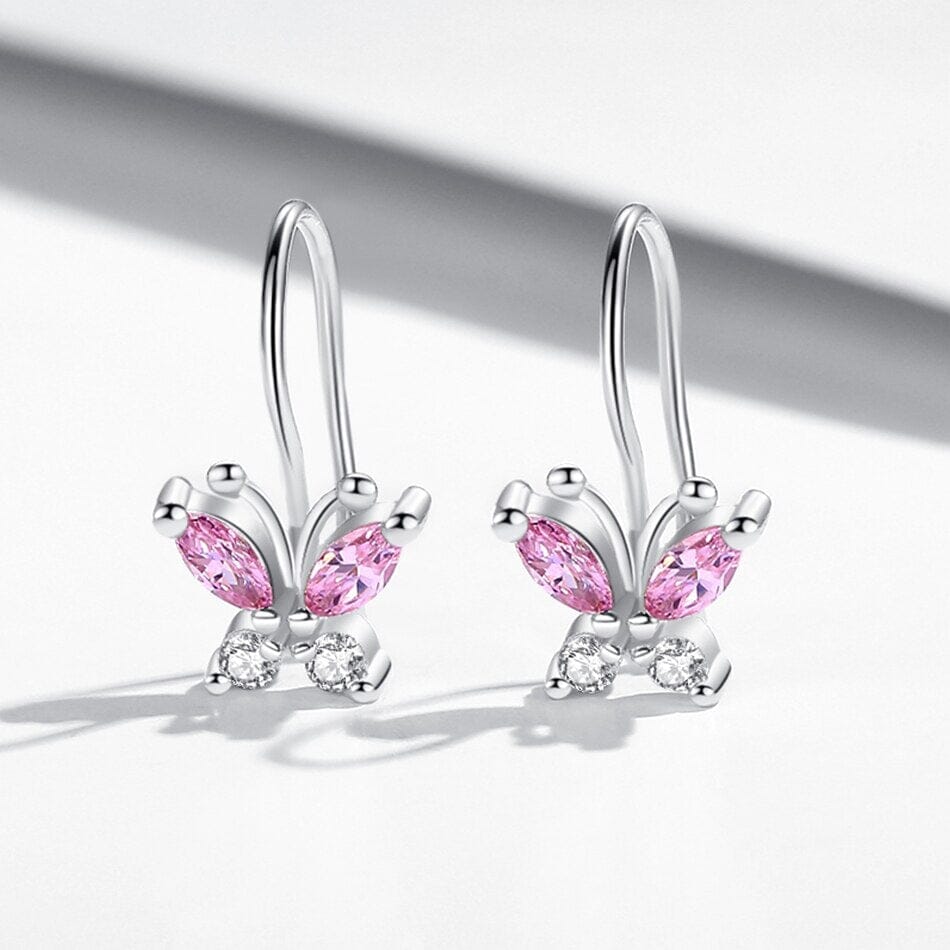 Sparkling Pink Sapphire Cute Butterfly Hoop Earrings - 925 Sterling SilverEarrings