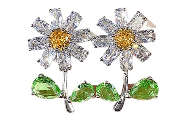 Daisy with Green Leaf Flower Diamond EarringsEarrings