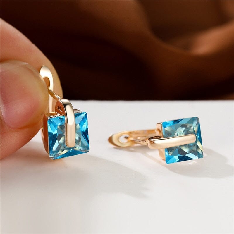 Champagne Gold Color Luxury Crystal Square Stone Hoop EarringsEarringsAqua Blue