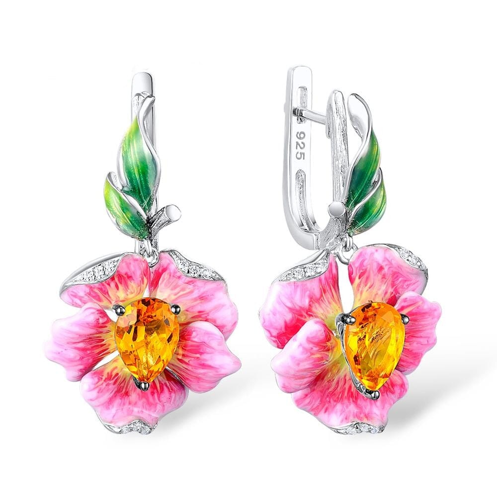 Citrine Flower Leaf Enamel Earrings - 925 Sterling SilverEarrings