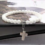 WWJD Vintage Cross Natural Stone 6mm Beads BraceletBraceletWhite17cm