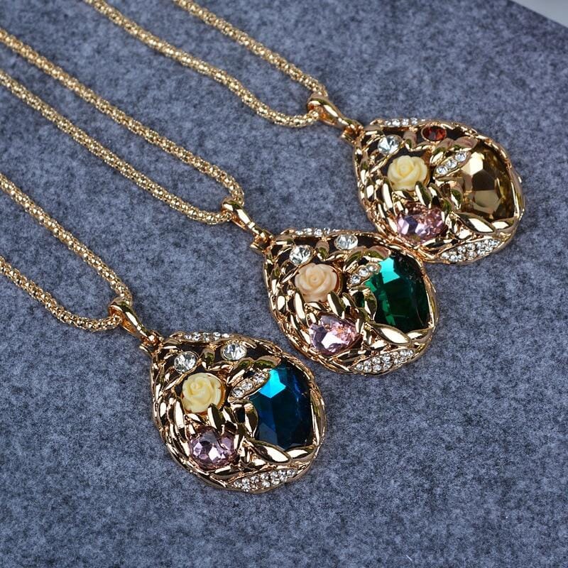 Gold Plated Popcorn Chain Austrian Crystal Jewelry Pendant NecklaceNecklace