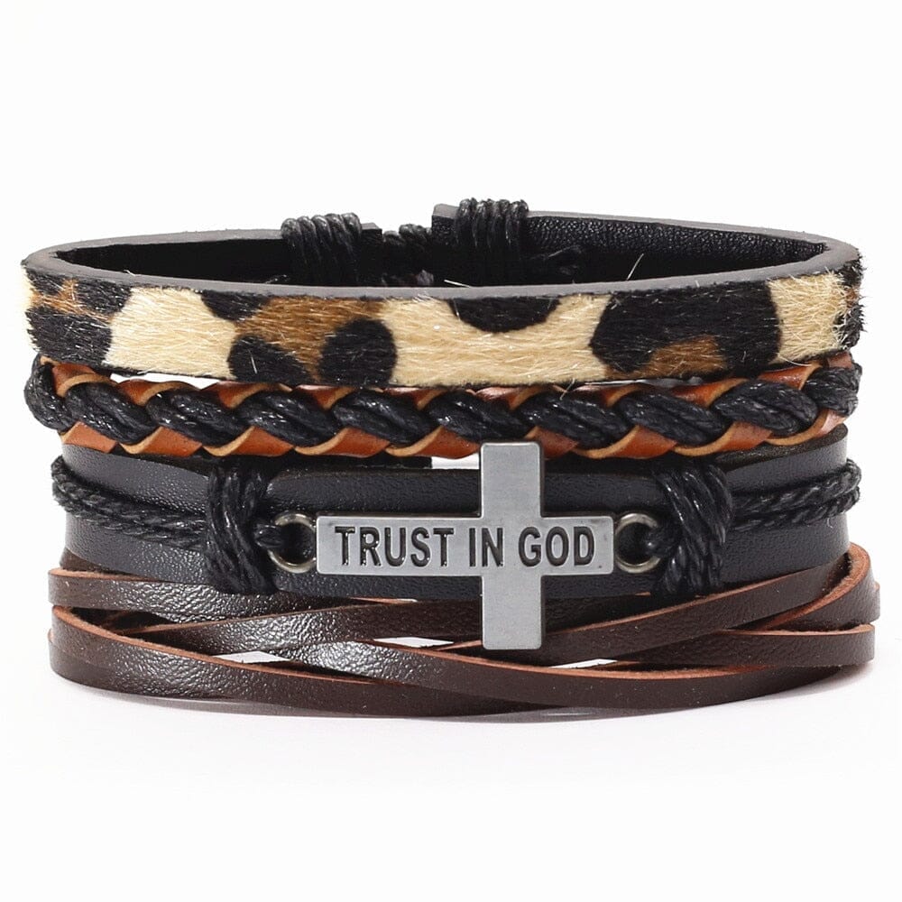 Trust In God Jesus Khaki Faith Punk 4 pcs/set Black Beads Bible Leather BraceletsBraceletstyle 1