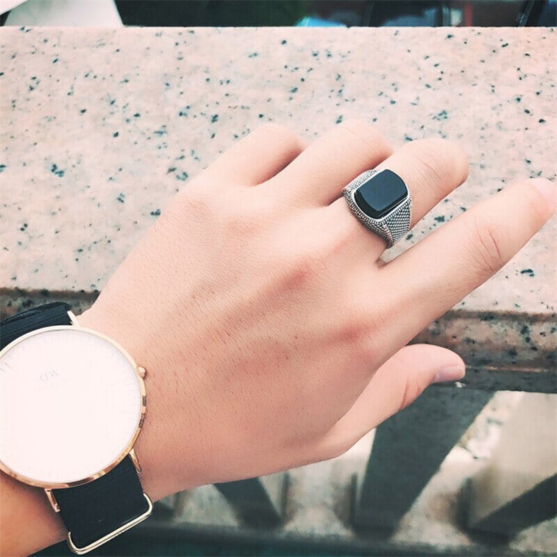 Open Ring Punk Thai Black Agate Adjustable Ring - 925 Sterling SilverRing