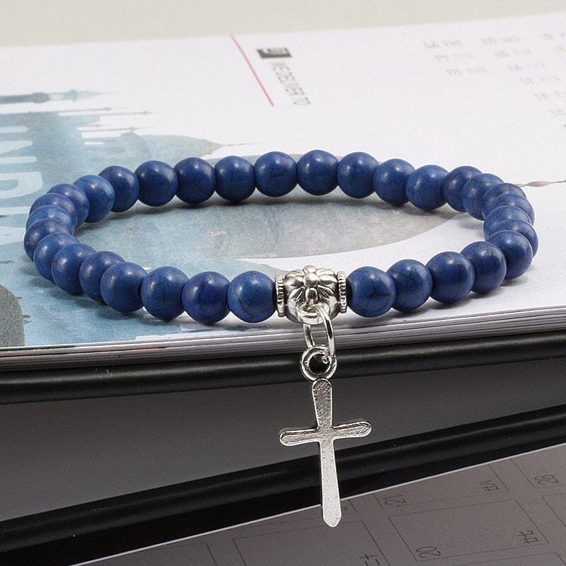 WWJD 6mm Boho Cross Natural Volcanic Stone BraceletBraceletDark Blue17cm