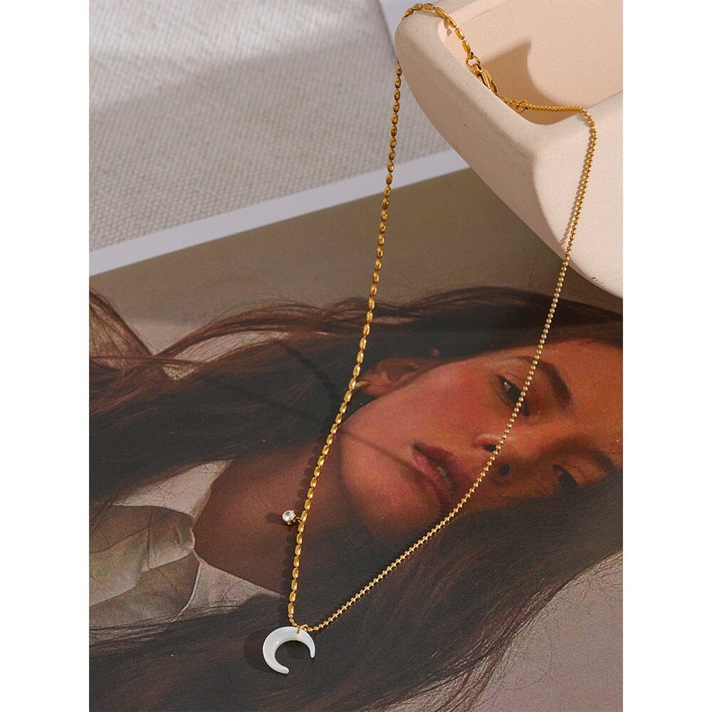 Gold Color Stainless Steel White Shell Moon Pendant Chic NecklaceNecklace