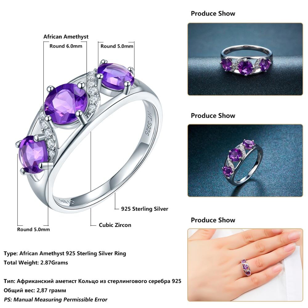 3 Stones Natural African Amethyst Ring - 925 Sterling SilverRing