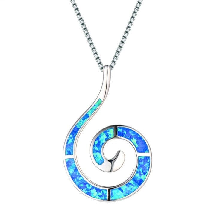 Ocean Blue White Fire Opal Conch Pendant Wave Necklace - 925 Sterling SilverNecklaceBlue Opal Necklace