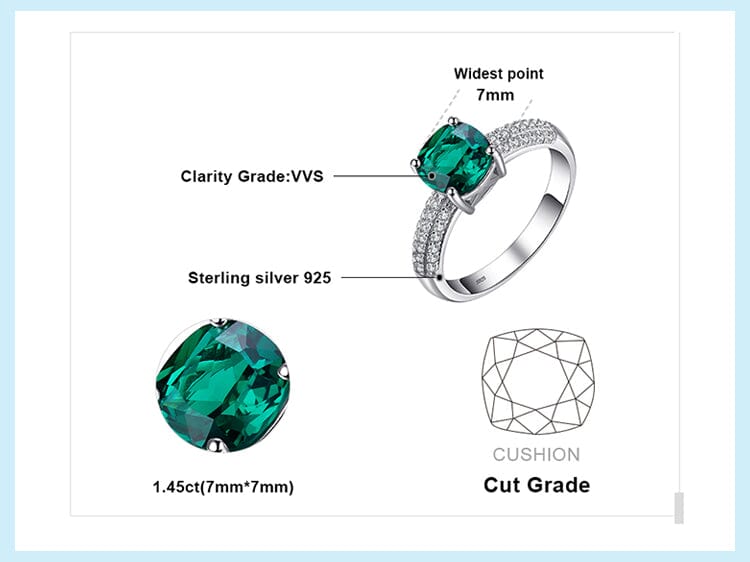 Solitaire Cushion Emerald Ring - 925 Sterling SilverRing