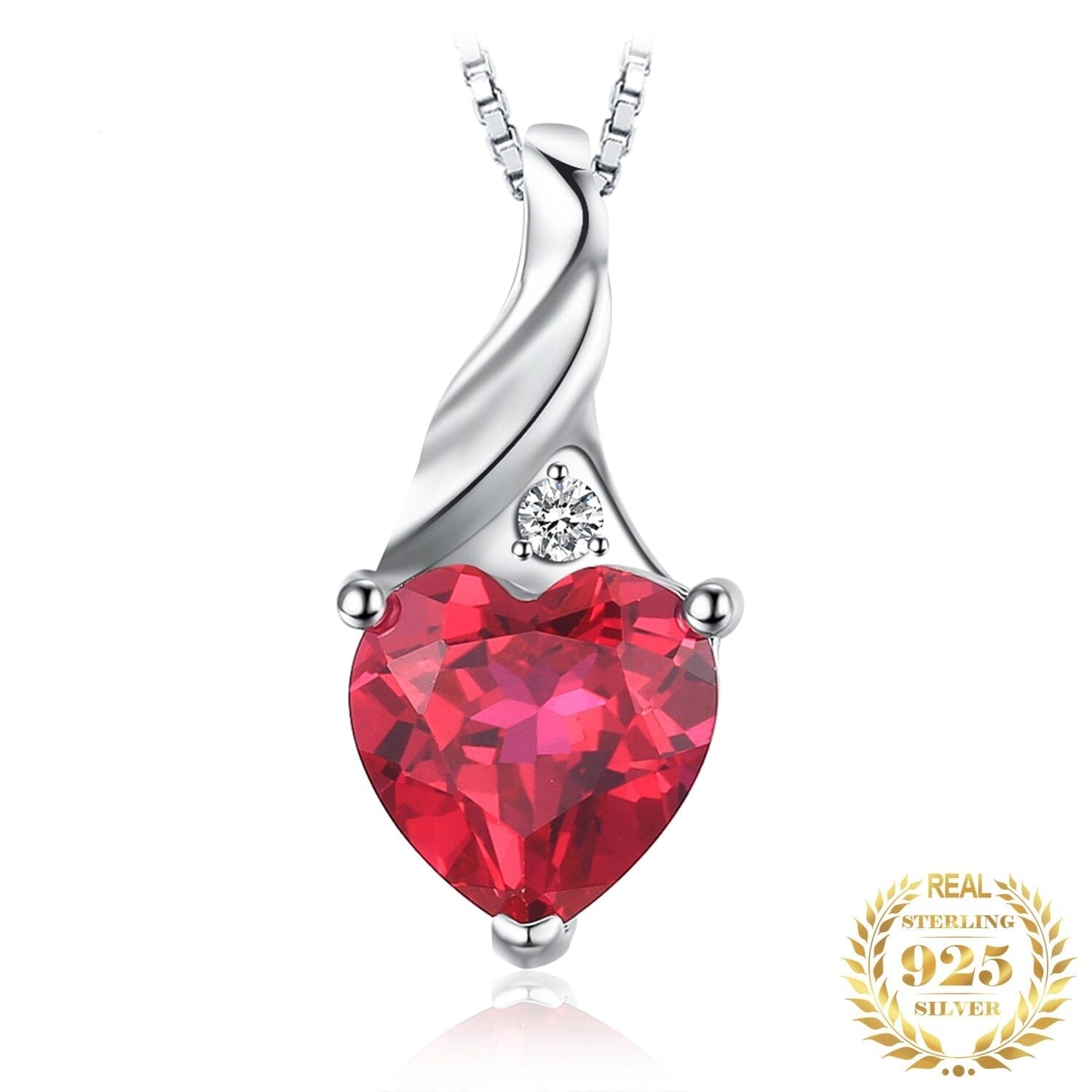 Love Heart Created Ruby Pendant Necklace - 925 Sterling Silver (Without Chain)Necklace
