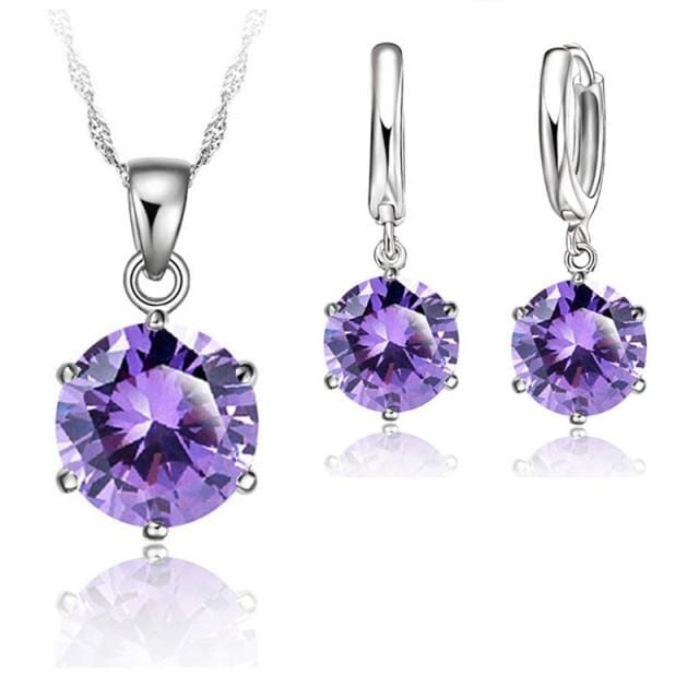 Crystal Earrings & Pendant Necklace - 925 Sterling SilverJewelry SetPurple