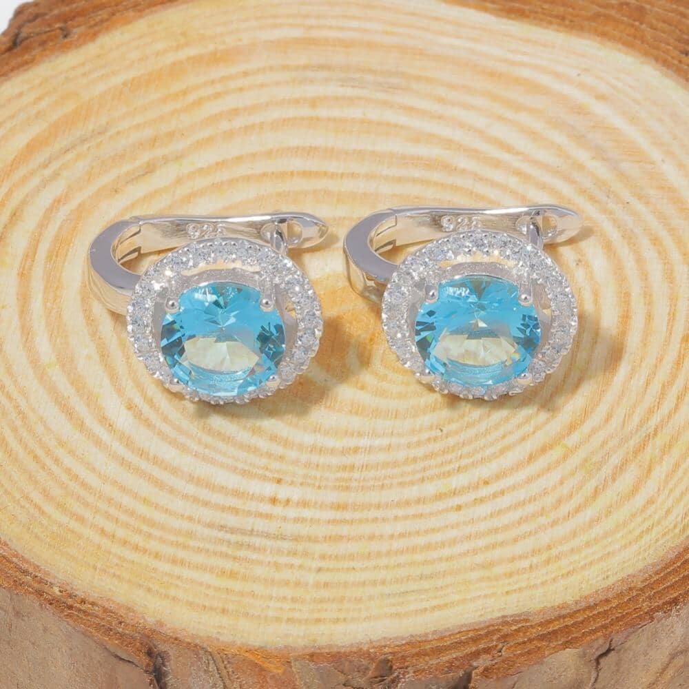 Blue Stone Cubic Zirconia Stud Earrings - 925 Sterling SilverEarrings