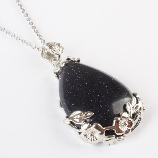 Teardrop Inlaid Flower Pendant Natural Healing Crystal (PENDANT ONLY)NecklaceBlack Sandstone