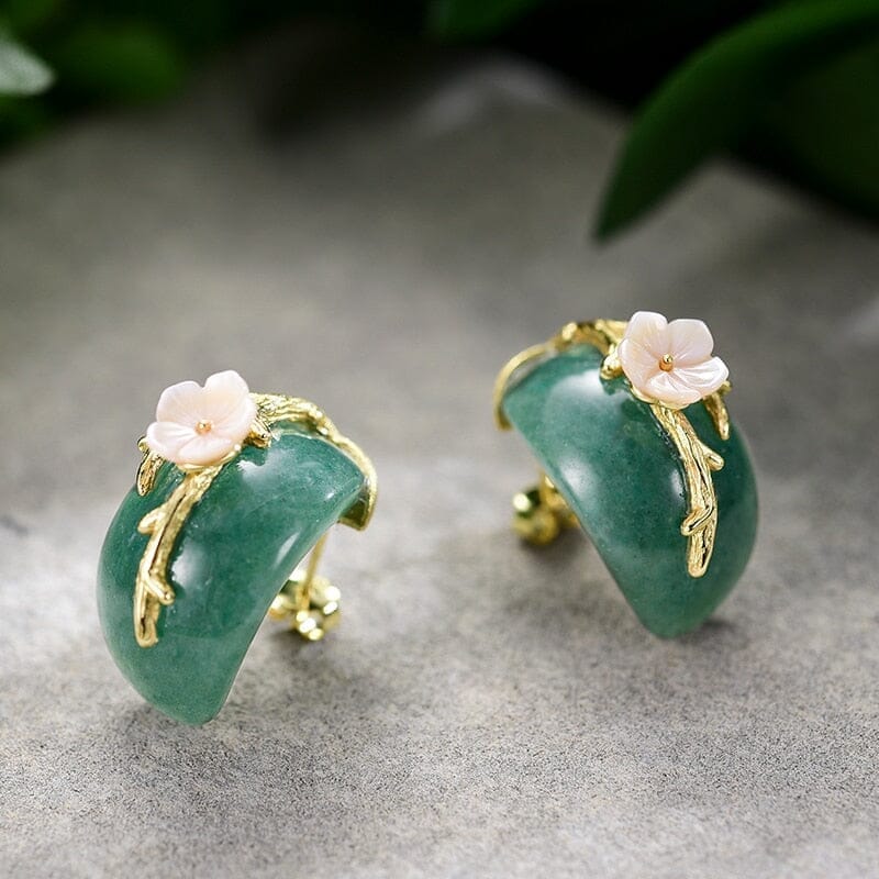 Natural Aventurine Original Plum Flower Stud Earrings - 925 Sterling SilverEarrings