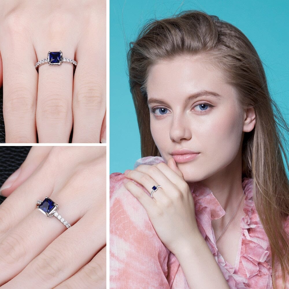 Square Created Blue Sapphire Solitaire Ring - 925 Sterling SilverRing