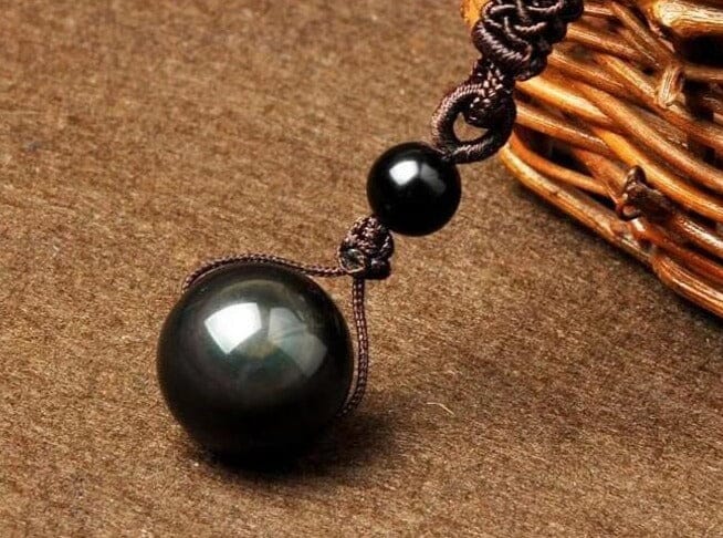 Natural Obsidian Rainbow Eye Transfer Good Luck Bead Pendant Polyester Rope Chain NecklaceNecklace