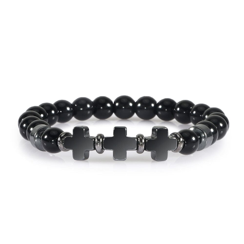 8mm Natural Stone Bracelet Christian Jesus Cross Bracelets for Women Men Elastic Rope Beaded Bangles Yoga Rosary Jewelry GiftsBraceletBright Black