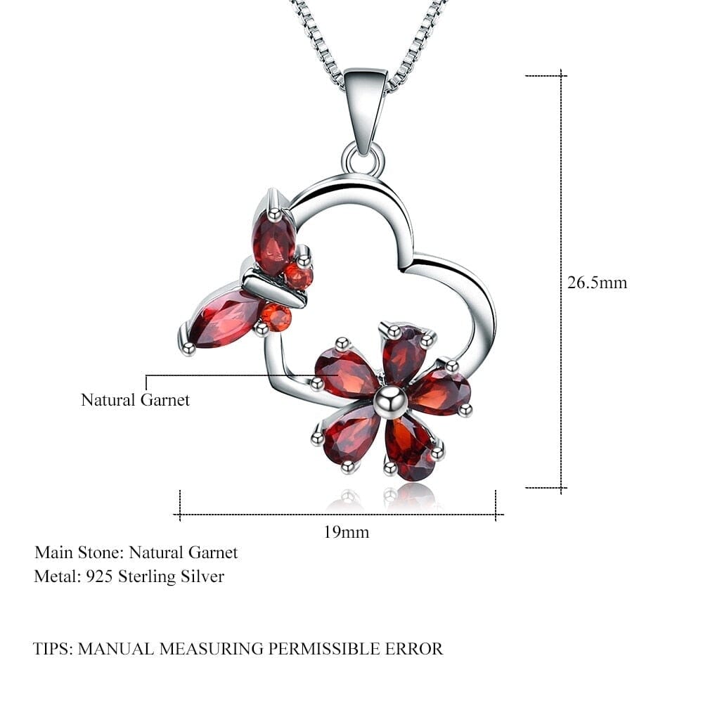 Butterfly and Flowers Garnet Pendant Necklace - 925 Sterling SilverNecklace