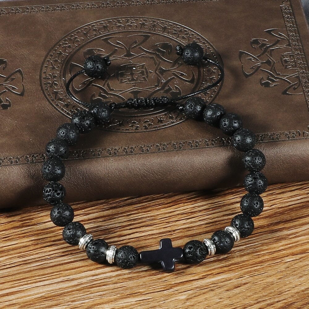 WWJD Energy Tiger Eye Stone Black Lava Cross Beads BraceletBracelet