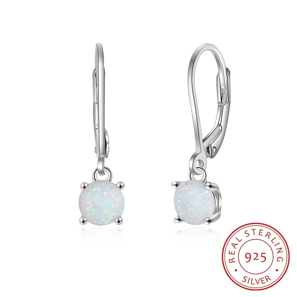 Charm Created Round White Fire Opal Earrings - 925 Sterling Silver