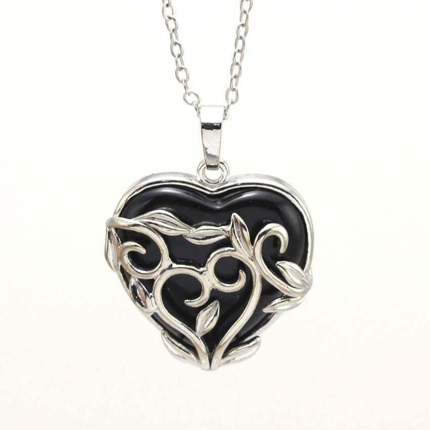 Hollow Heart Shape Amethyst Stone Pendant NecklaceNecklace