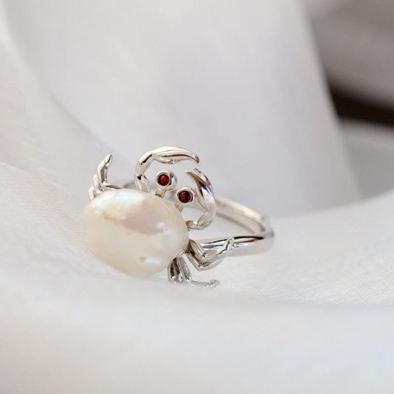 Cute Little Crab Natural Freshwater Pearl Resizable Ring - 925 Sterling SilverRing