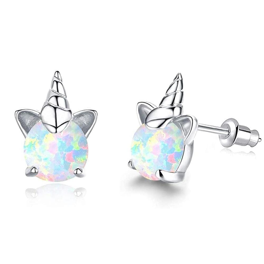 White Fire Opal Unicorn Stud EarringsEarringsSilver