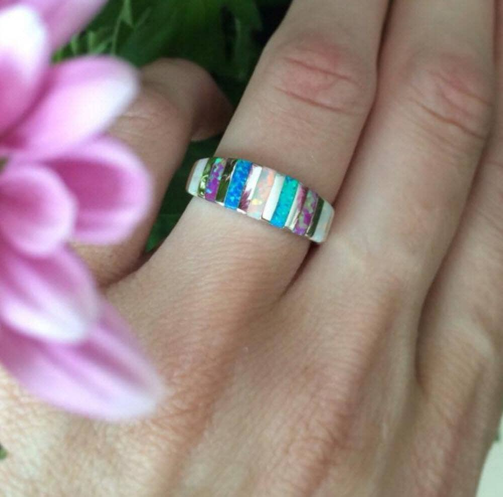 Blue & White Fire Opal Silver RingRing