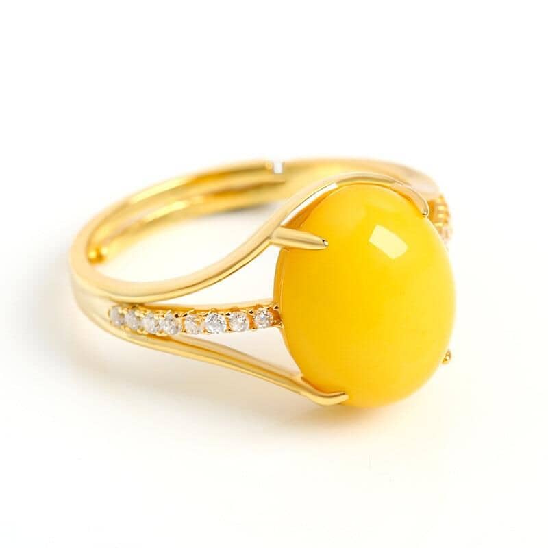 925 Sterling Silver Natural Yellow Amber Ring (Resizeable)Ring