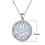Hollow Lotus Flower White/Blue Fire Opal Round Pendant NecklaceNecklace
