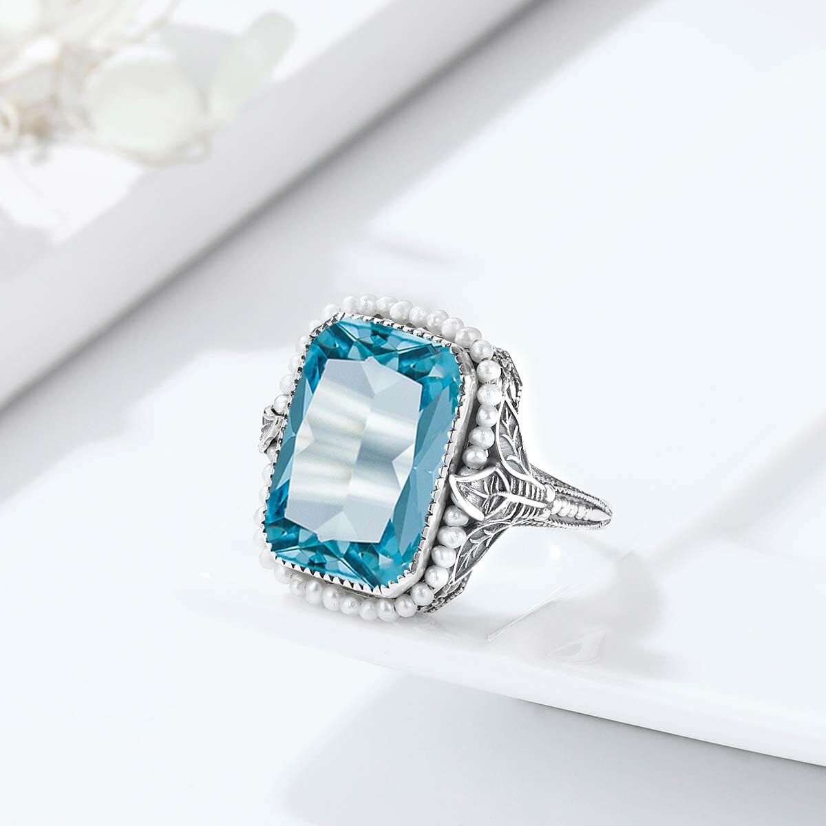 Aquamarine Ring With Natural Fresh Water Peals - 925 Sterling SilverRing